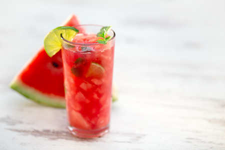 Watermelon juice with mint leaves and lime citrusの写真素材