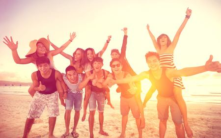 happy people on beach, summer, holidays, vacation,