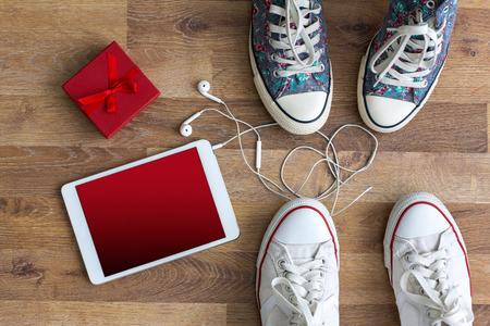 trendy love on wooden table backgroundの写真素材