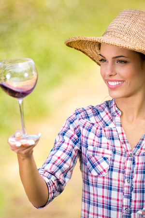 beautiful young woman with glass of wine, checking grapes qualityの写真素材