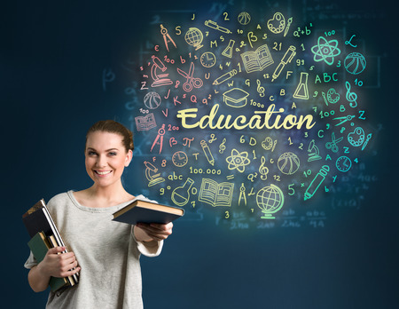 Student girl giving book with illustrated education iconの写真素材