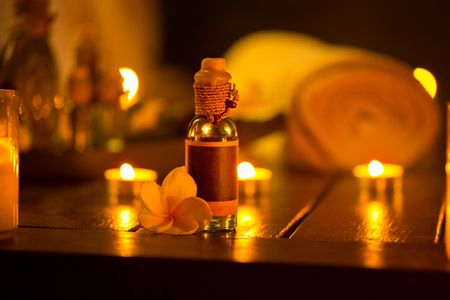 Bottle of essential oil, setting for relax massageの写真素材