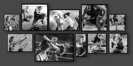 collage of sport photos with people as backgroundの写真素材
