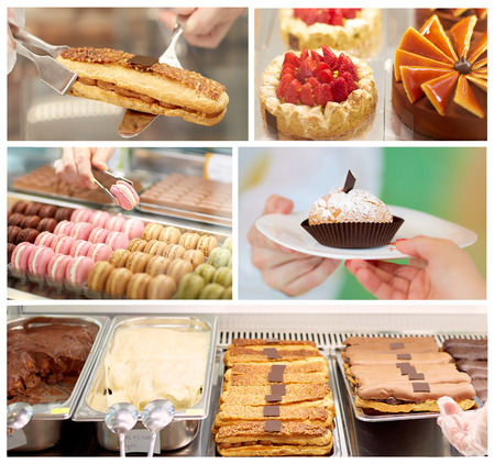 Sweets in pastry shop, collageの写真素材