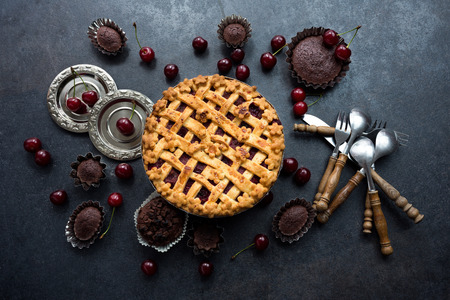 Delicious homemade cherry pie with a flaky crust top viewの写真素材