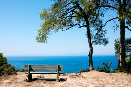 Sea view from bench at summerの写真素材