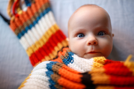 Baby wrapped in colorful shawl at pediatric examinationの写真素材