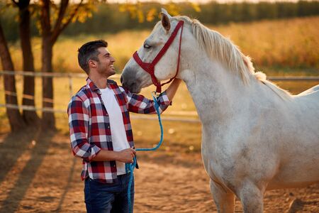 Man and horse. Man have a hobby time, riding. Horses concept