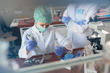 scientict in lab analysis of new corona virus, clinic laboratory chemical research of infection....