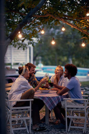 Young smiling people  party at picnic after sunset.
