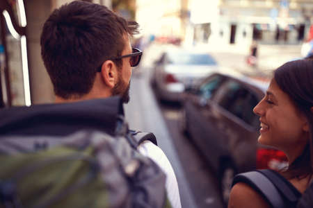 Young tourist couple enjoying the city streetsの写真素材