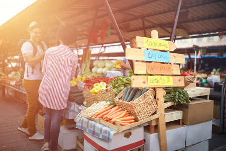Sign for fresh and organic vegetables and fruits at the green market or farmers market stall.  Young buyers choose and buy products for healthy food in grocery. All for diet healthy eating, lifestyle.の写真素材