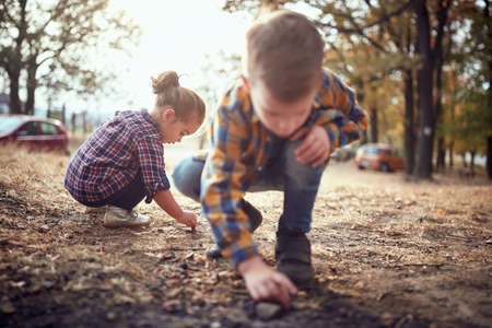 Little brother and sister study the nature on a beautiful autumn dayの写真素材