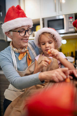 Grandma in a festive atmosphere getting help from granddaughter at the kitchen in preparation of Xmas meal. Christmas, family, togetherの写真素材
