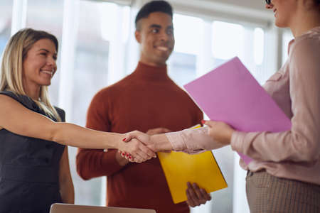 Pleasant company commission congratulate female candidate for getting a job. People, job, company,...