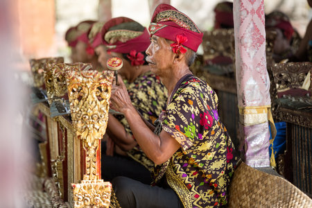 BALI, INDONESIA, DECEMBER, 24,2014: Musicians in the troupe play traditional Balinese music to accompany dancers in a 'Barong Dance show' on December 24, 2014 in Bali, Indonesiaのeditorial素材