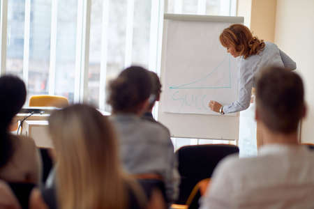 caucasian female lecturer drawing diagram for success at business seminar