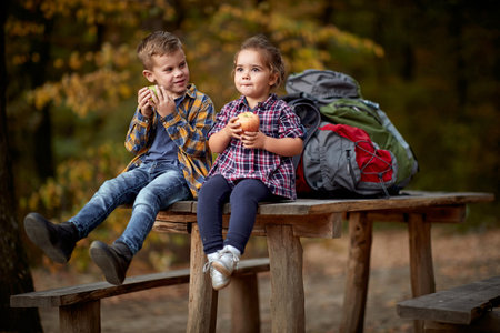 Little girl and boy sitting and eating apple in natureの写真素材