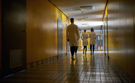 A dark and spooky university hallway with students on a break. Institution, hallway, university, peopleの写真素材