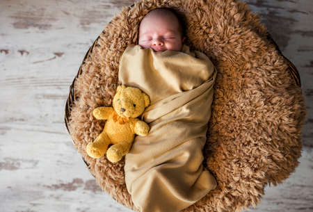 sleeping newborn baby on a blanket with a teddyの写真素材