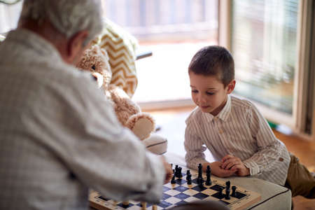 A little grandson enjoy playing a chess game with his grandpa in a relaxed atmosphere at home. Family, home, playtimeの写真素材
