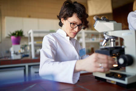 A young female scientist adjusts the microscope in a working atmosphere at the university laboratory. Science, chemistry, lab, peopleの写真素材
