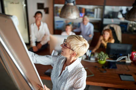 Senior successful female businesswoman holding presentation in the officeの写真素材