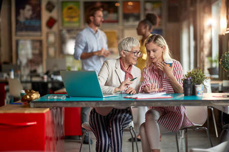 Elderly female boss and her young female colleague enjoying teamwork in a pleasant atmosphere at office. Employees, office, workの写真素材