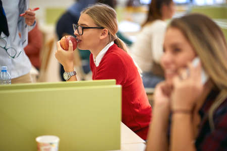 Female student enjoying a snack in a break of the lecture in the university classroom. Smart young...