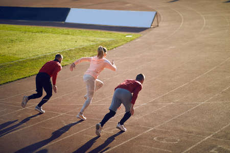 Group of young athletic sprinters at starting position ready for race on racetrack.の写真素材