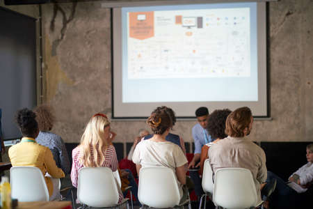 Group of young creative employees at presentation in a pleasant atmosphere in the officeの写真素材