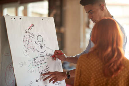 Young colleagues are drawing formula of the successes on the panel in a pleasant atmosphere in the...