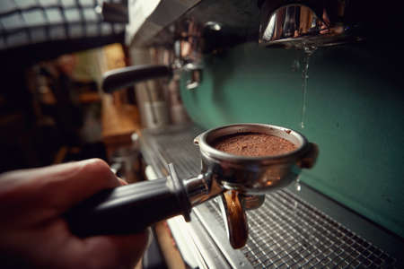 Close-up of an espresso apparatus for making aromatic and fragrant beverage. Coffee, beverage, barの写真素材