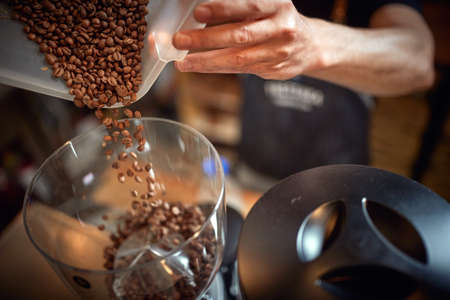 Close-up of barman hands holding a container and pouring fragrant and aromatic coffee beans into a...