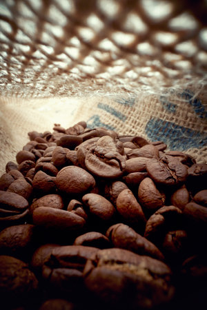 Inside the bag full of fragrant and aromatic roasted coffee beans. Coffee, beverage, producingの写真素材
