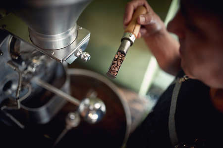 A man is analysing fragrant and aromatic roasted coffee beans in the grinder. Coffee, beverage, producingの写真素材