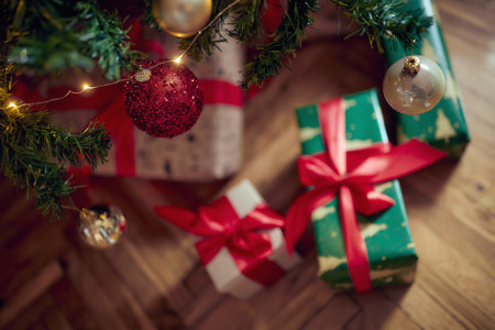 Christmas Tree with beautiful ornaments and presentの写真素材
