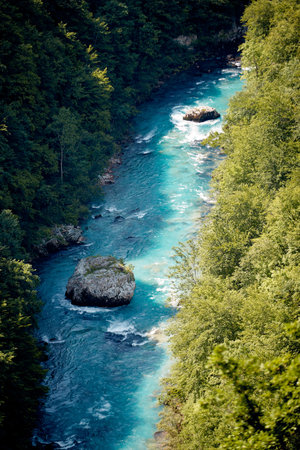 Bird-eye view on a beautiful river on a sunny day in the canyon. Nature, canyon, landscapeの写真素材