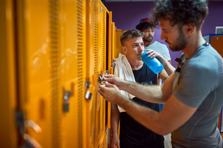 Young men in the gym locker room preparing for workout, getting dressed and hanging out together. Sports, active lifestyle concept.の写真素材