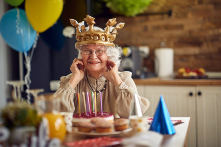 Cheerful lovely senior woman wearing inflatable golden crown and feeling joyful sitting at the table celebrating birthday. Senior life, lifestyle concept.の写真素材