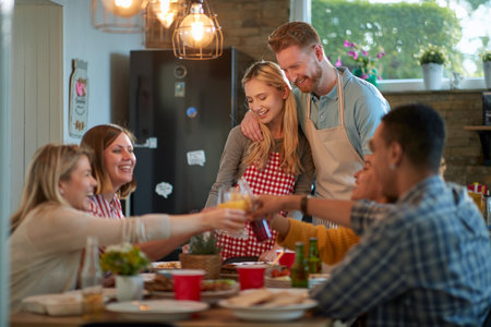 Hugged Caucasian couple watching group of friends having a toast in their home