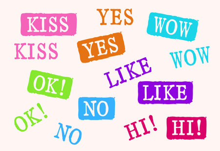 Set of colorful rubber stamps with talk phrases hi, ok, yes, no, wow, like, kiss. Grunge style patch badges with text, colorful sticker pack background pattern.のイラスト素材