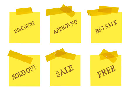 Set of yellow stickers with words discount, big sale, free, approved, sold out, sale. Square sheets of paper with scotch and text. Vector illustration.のイラスト素材