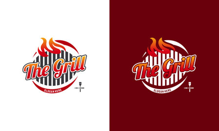 Hot Grill Logo Template, Barbecue grill, Vintage Barbeque Label Stamp Logo design vectorのイラスト素材