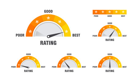 Set of Rating scale Illustration template, Satisfaction meter. Rating stars. Minimum to maximum...