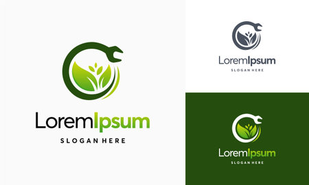 Green Service Logo Design Template, wrench tree leaf service logo vector icon illustration, Mechanic leaf logo template vectorのイラスト素材