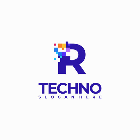 R Pixel Letter Logo Design Template, Pixel Technology logo symbol conceptのイラスト素材