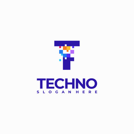 T Pixel Letter Logo Design Template, Pixel Technology logo symbol conceptのイラスト素材