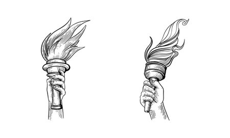 Two hand-drawn black and white torches with flames, each held by a hand.のイラスト素材