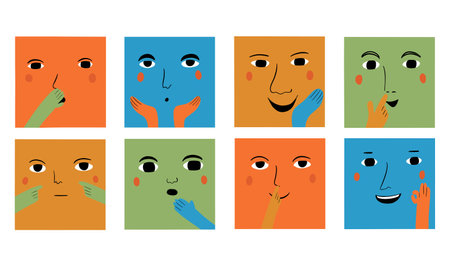 Eight stylized faces with different emotions, gestures, and colors.のイラスト素材
